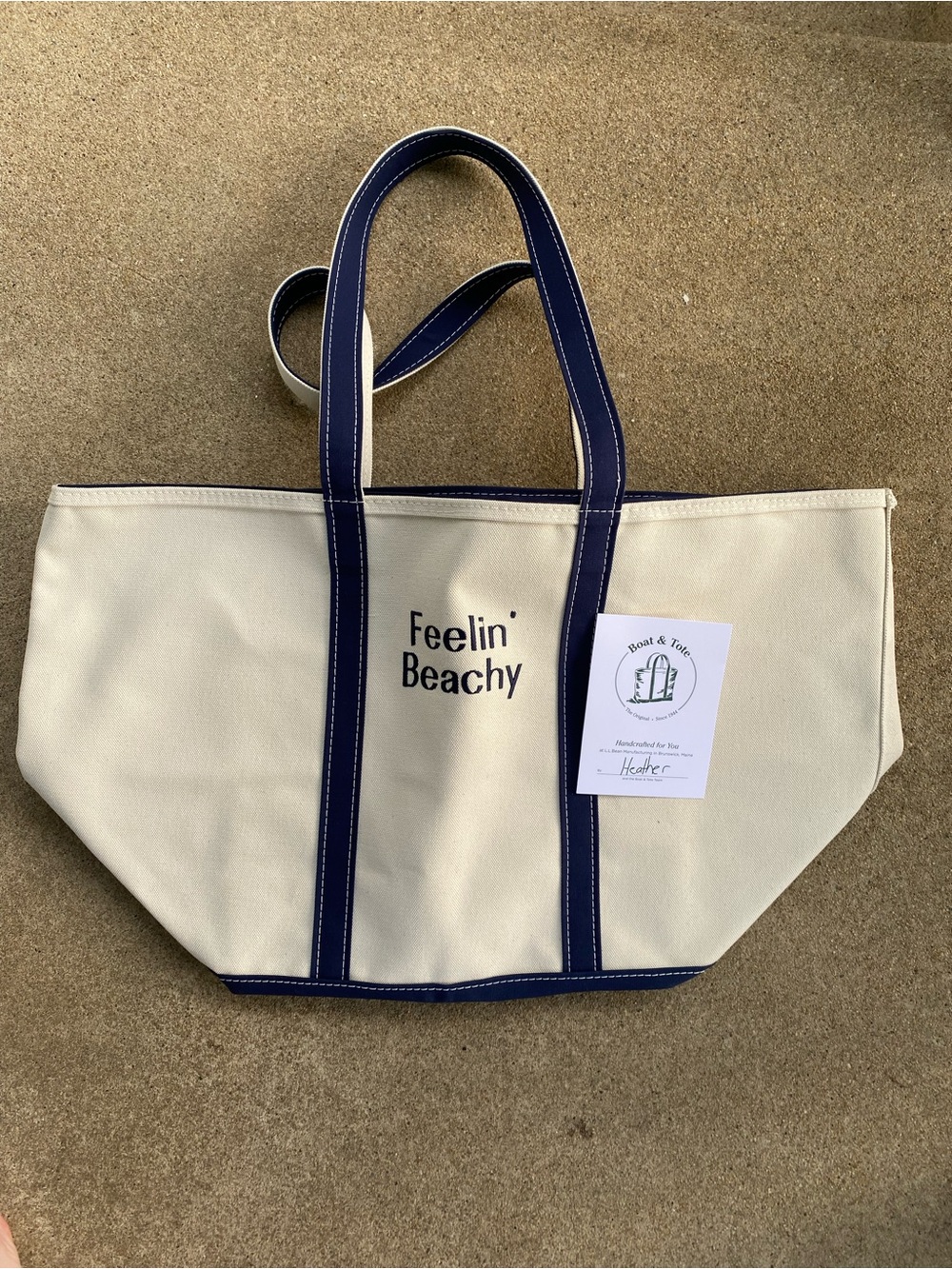 L.L. Bean Embroidered Canvas Boat and Tote in Cream with Navy Trim